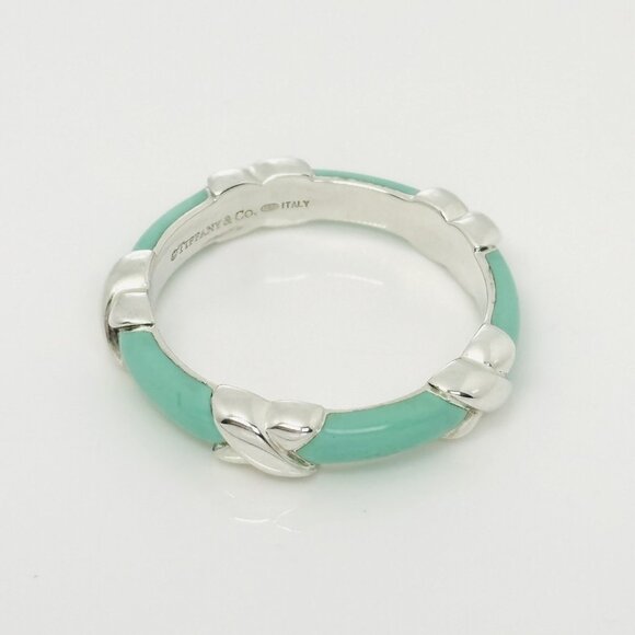 Size 8 Tiffany Signature X Kiss Ring in Blue Enamel and Sterling Silver - Picture 1 of 8